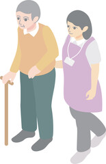 Fototapeta premium Nursing care concept with female staff supporting a senior lady in isometric style.