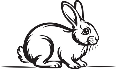 Obraz premium Black outline of cute rabbit sitting profile view with long ears and fluffy tail on simple ground line