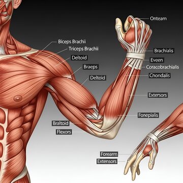 Detailed Human Arm Muscles Anatomy Diagram with Labels for Education and Medical Study.