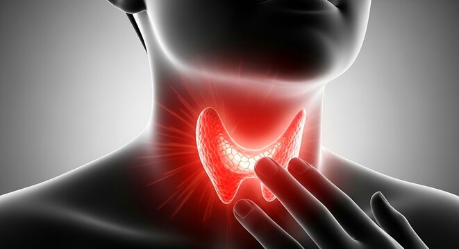 Human thyroid gland highlighted in red, indicating pain or medical issue.
