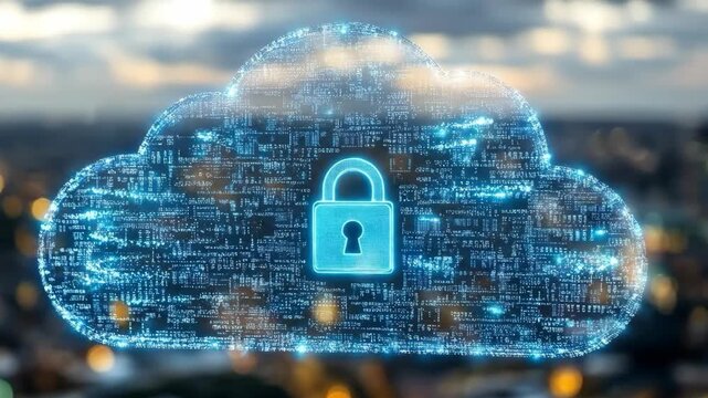 a glowing cloud-shaped pattern composed of blue digital codes, with a striking bright blue padlock icon floating in the center of the cloud. The background is a blurred cityscape with light spots