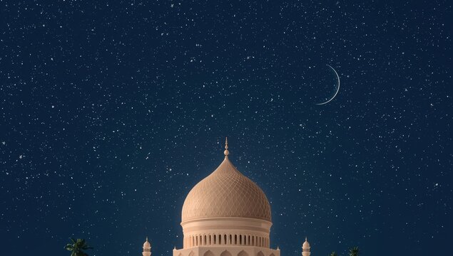 Ramadan night sky featuring a crescent moon and stars, with a mosque dome symbolizing hope in Islamic architecture