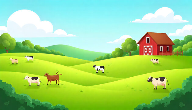 Bright cartoon countryside with lush green hills, tiny cows and animals, a small red-roof barn house, blue sky and clouds, clean vector-like style, vibrant colors, 4K and HD Image.