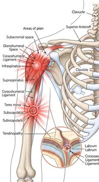 Detailed illustration of human shoulder and arm anatomy with highlighted pain areas and ligament structures.
