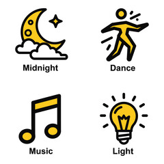 Fototapeta premium Vector art of four icons representing midnight, dance, music, and light