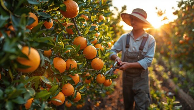Mandarins are picked using shears. Agriculture, ripe fruit, farmer, hand selection, natural environment, citrus grove, organic cultivation, vibrant foliage