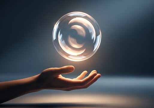 A human hand reaching out to touch a glowing translucent sphere floating in a dark moody studio