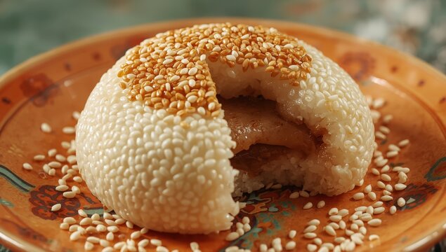 dessert rice cake covered in sesame seeds and filled with sweet bean filling