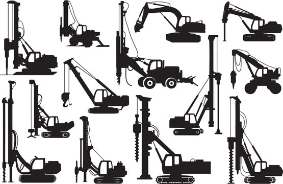 Industrial drilling rig silhouettes set for construction site foundation pile driver machine design