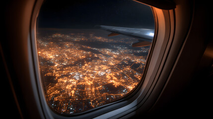 Fototapeta premium Aerial View from Airplane Window at Night Over City Lights and Stars with Wing in Frame