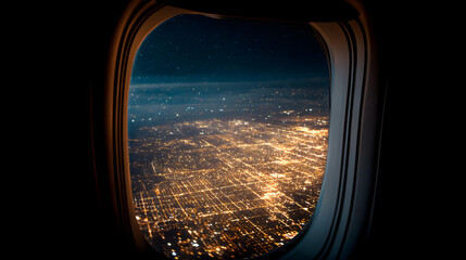 Fototapeta premium Aerial Night View from Airplane Window Capturing City Lights and Stars Above the Clouds