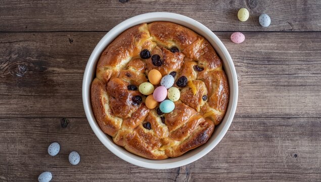 Pudding made from hot cross buns with candy eggs, viewed from above on a wooden surface