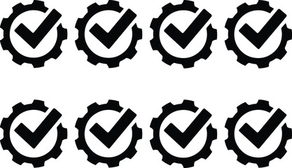 Fototapeta premium Collection of eight black checkmarks inside gear icons on a white background, representing approval and mechanical processes.