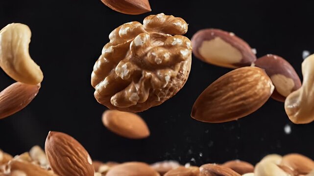 A close-up view of a variety of nuts, including almonds, cashews, and walnuts