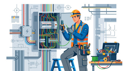 Fototapeta premium Electrician working on electrical panel with tools and equipment.