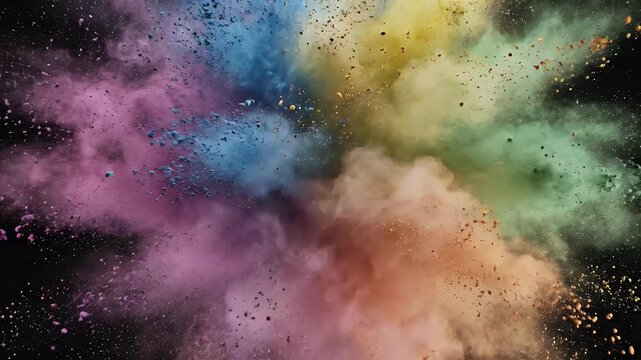 Burst of colorful powder exploding outwards against a dark background