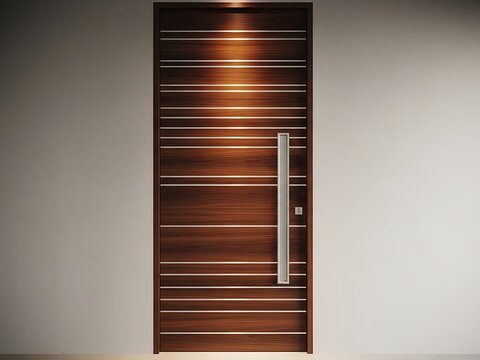 Modern wooden door featuring horizontal silver strips and a long handle