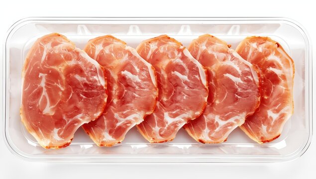Aerial view of a clear plastic tray holding nine slices of packaged, thin smoked ham on a white surface