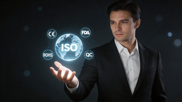 Man in suit with ISO globe and certification icons
