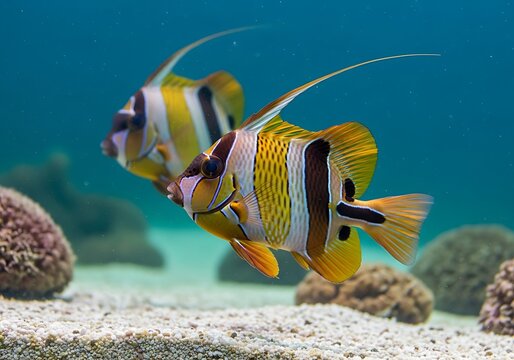 Two Copperband Butterflyfish Swimming in a Tropical Aquarium.