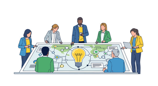 Diverse group brainstorming meeting ideas together.