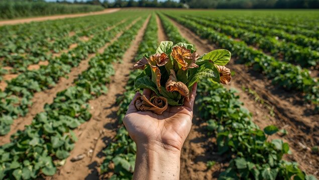 A woman displays harmed potato leaves. Phytophthora infestans\nLate blight threatens summer potato yields