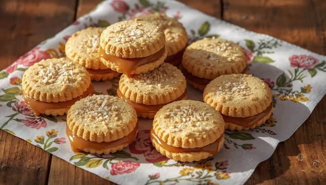 Traditional Argentine sandwich cookies, 'alfajores', filled with caramelized milk and shredded coconut, on floral fabric and a wooden surface