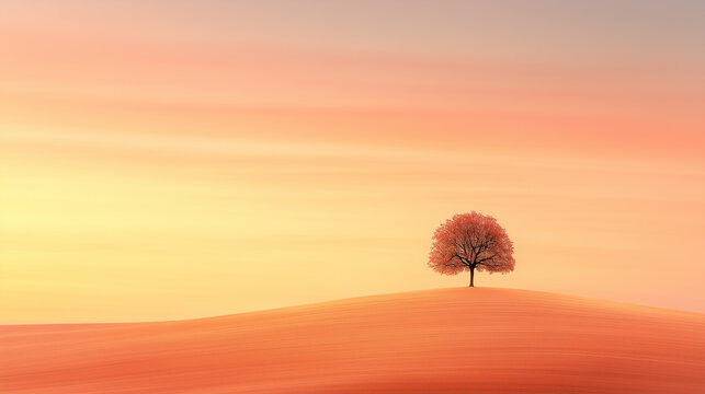 A serene landscape at dawn with a solitary tree against a soft gradient sky, evoking tranquility and solitude
