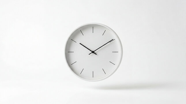 Minimalist modern white wall clock with black hands isolated on a white background