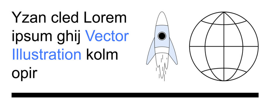 Space exploration, global network, innovation, creativity, education, technology. Rocket launching near a wireframe globe and stylized text. Space exploration and global network concepts
