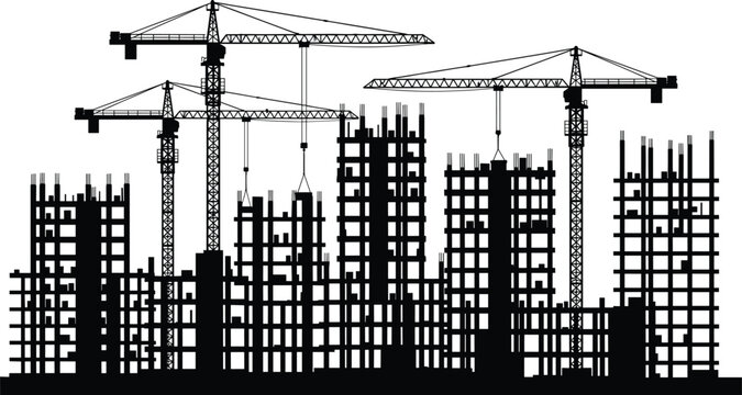 Black Silhouette of Construction Site with Multiple Tower Cranes and High Rise Building Concrete Structures under Development for Urban Infrastructure Growth