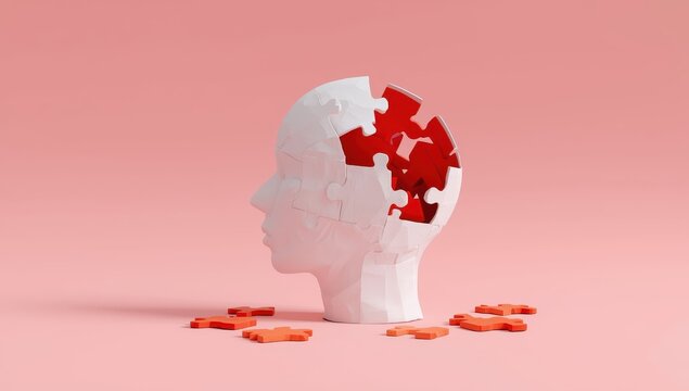 Conceptual backdrop of brain health related to dementia and Alzheimer's, featuring a paper head with puzzle pieces on a pink surface