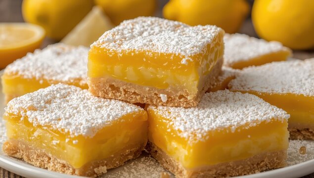 100mm Macro Lemon Bars, layered, dusted with powdered sugar