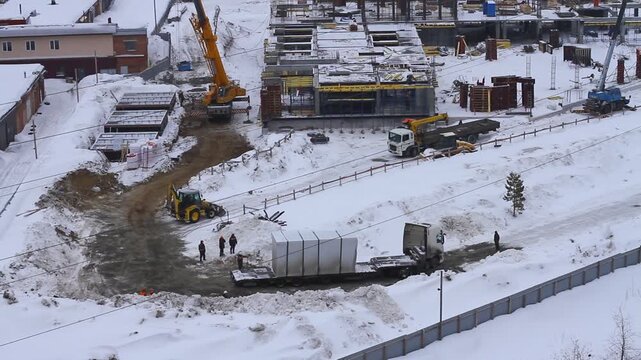The first stage of building construction. Tying the reinforcement. Preparing for pouring concrete for the supports and walls. General view from above
