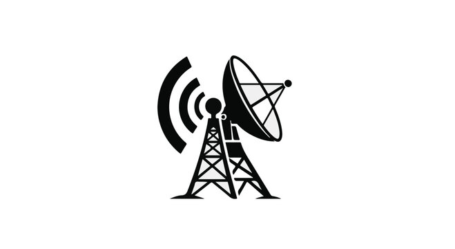 A tall communication tower featuring a large satellite dish transmits signals outward, representing broadcasting and connectivity.
