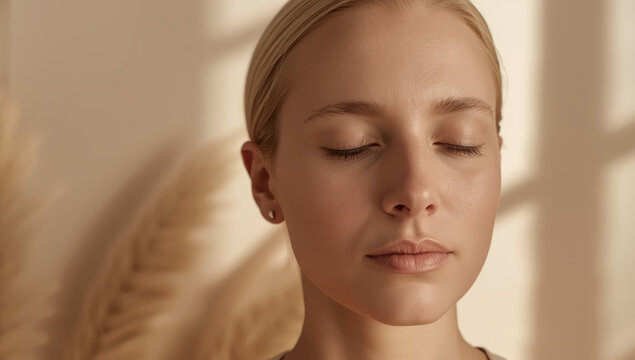 Serene woman with closed eyes meditating in warm soft light