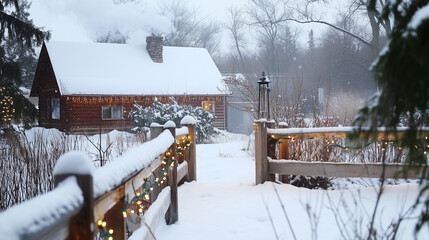 An inviting log cabin surrounded by a pristine snowy landscape, adorned with festive lights, capturing the essence of a winter retreat