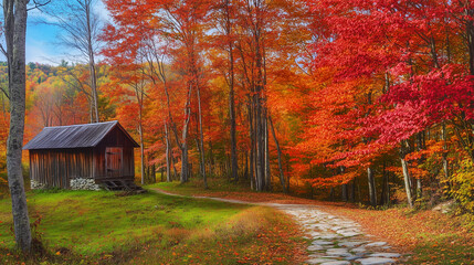 A serene path leads to a rustic cabin surrounded by vibrant autumn foliage, highlighting the beauty of fall in nature