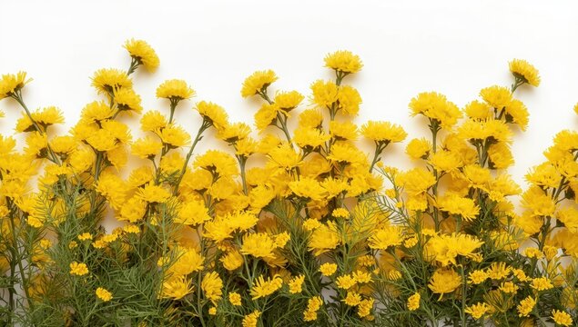 Aerial shot of yellow mimosa flower arrangement on a white background