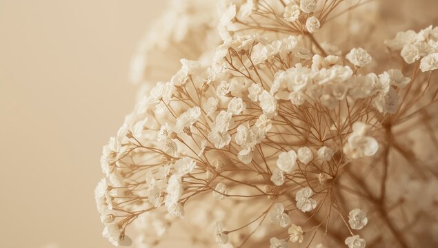 Fragile dried gypsophila close-up. Beige flower arrangement for minimalist decor, romantic cards, rustic themes, and natural living ideas