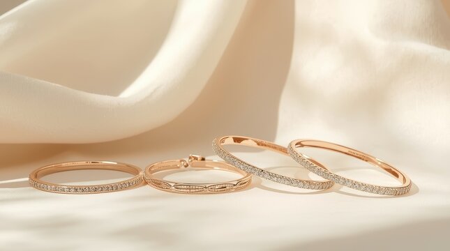 Showcase of refined bracelets on a gentle light backdrop, simple jewelry arrangement, chic fashion items, premium product display, beauty and sophistication theme