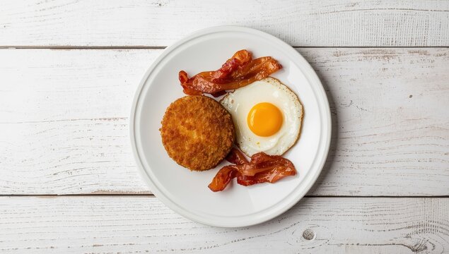 Fried egg and bacon on hash browns, served on a white plate against a white wooden backdrop