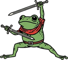 Naklejka premium Dynamic cartoon frog warrior wielding swords in action pose with red scarf.