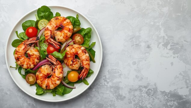 Plate of grilled giant shrimp salad. Gray backdrop. Aerial perspective. Blank space available