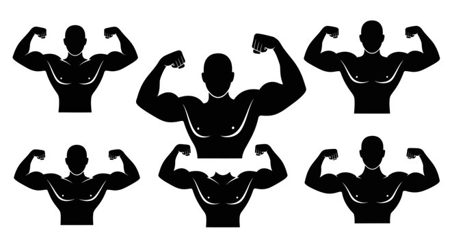 Silhouette of muscular men flexing arms.