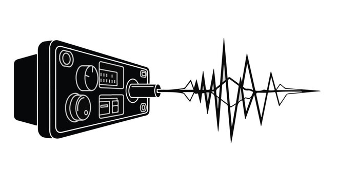 Audio interface device emits a sharp digital waveform signal illustrating the technical process of sound recording or broadcast monitoring in a high fidelity studio environment.