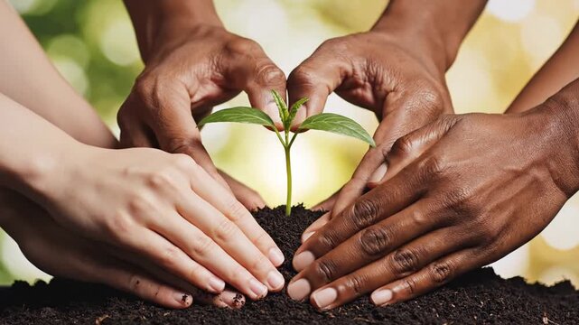 Multiracial hands nurturing green plant seedling in rich soil