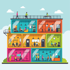 Fototapeta premium Colorful vector illustration of a multi-level office building with various workspaces