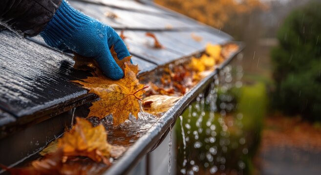 Hand wearing blue glove clearing autumn leaves from a clogged gutter