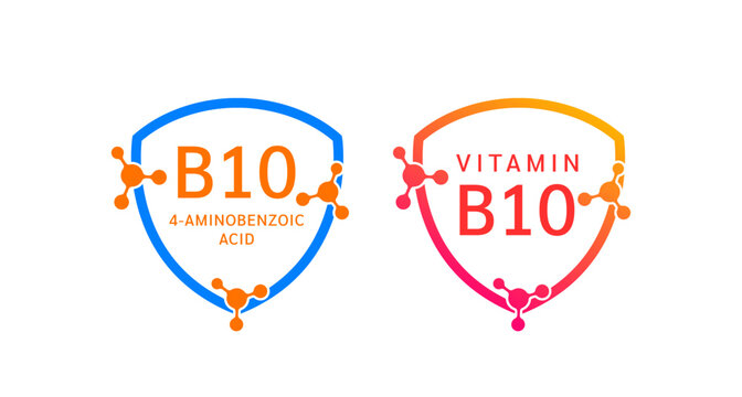 Vitamin B10 shield icon collection for product label design. Molecule form simple line. Isolated on a white background. Medical symbol concept. Vector EPS10 illustration.